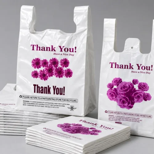 Plastic Shopping Bags White White T-Shirt Bags (Flower Design)